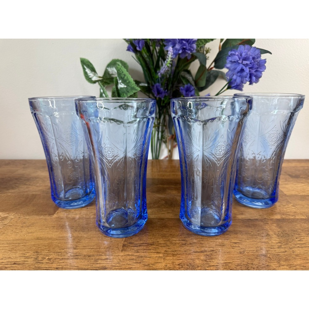 Vintage Indiana Glass Recollection Blue‎ Tumblers Madrid Pattern Cobalt Drinking